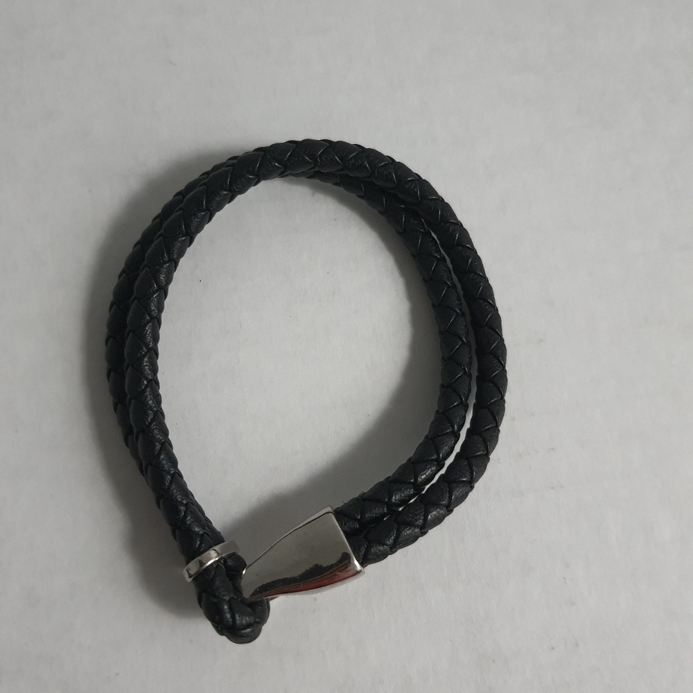 Black Leather Braided Bracelet with Silver Clasp
